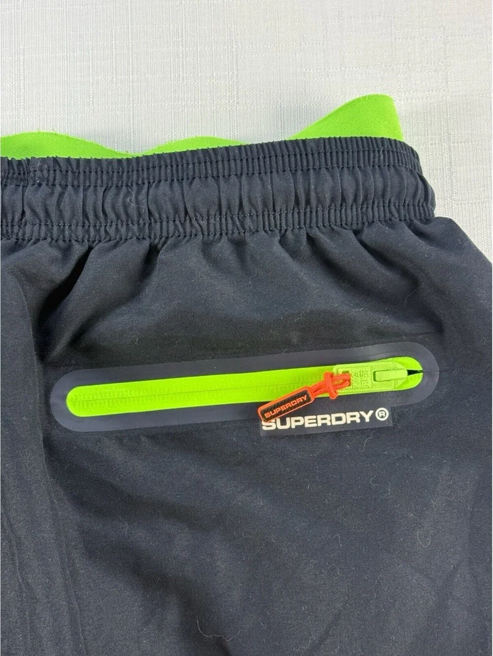 Superdry Premium Swim Shorts Men’s Large Black Green Logo Lined Beach Trunks